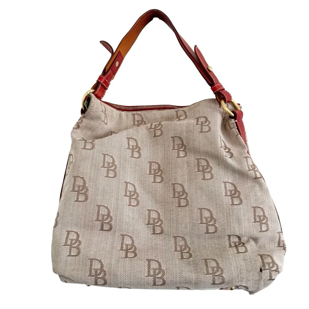Dooney & Bourke Jacquard Logo Cream Red Tassel Hobo Bag